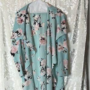 Turquoise flowered thin long jacket